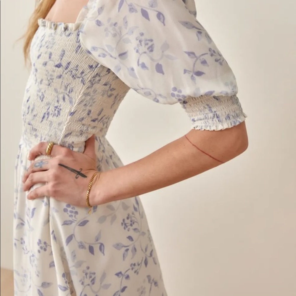 Reformation White Floral Mini Dress with Periwinkle Blue Print